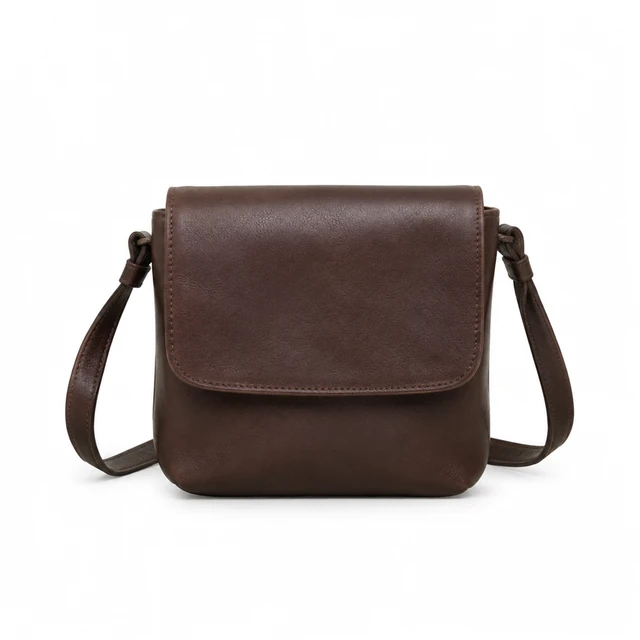 Plain dark brown leather crossbody bag, front view on pure white.