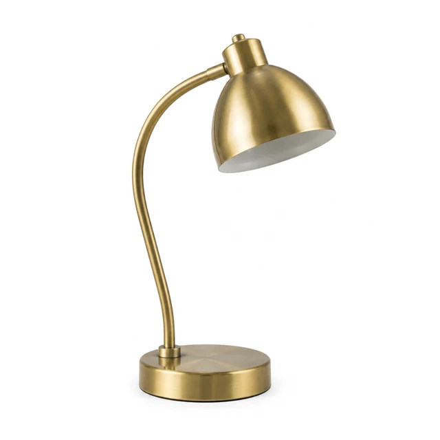 Curved brass desk lamp with a simple shade on pure white.