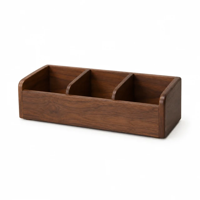 Walnut desk organizer with several empty compartments on white.