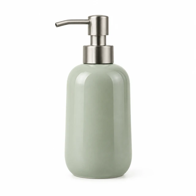 Pale sage ceramic soap dispenser with a brushed metal pump on white.