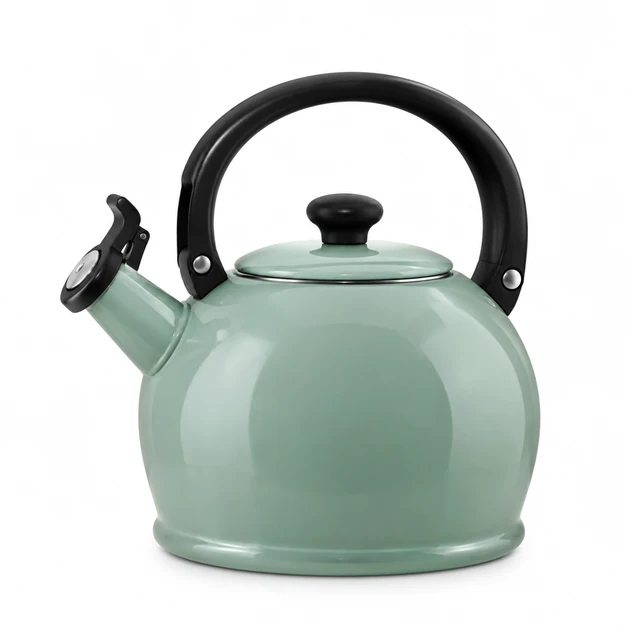Sea-glass green stovetop kettle with a plain handle on white.