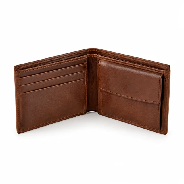 Brown leather bifold wallet centered on a pure white field with a gentle shadow.