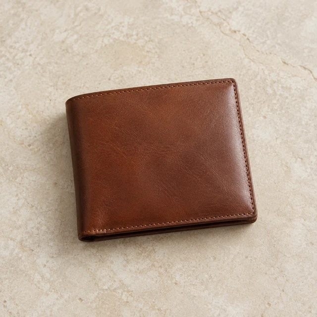 Brown leather bifold wallet as a square starting product photo on a warm neutral surface.
