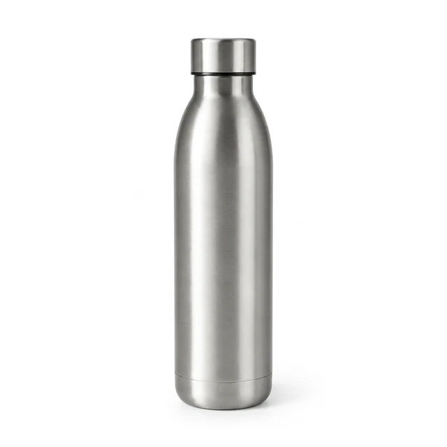 Plain brushed stainless steel insulated bottle with a screw cap on white.