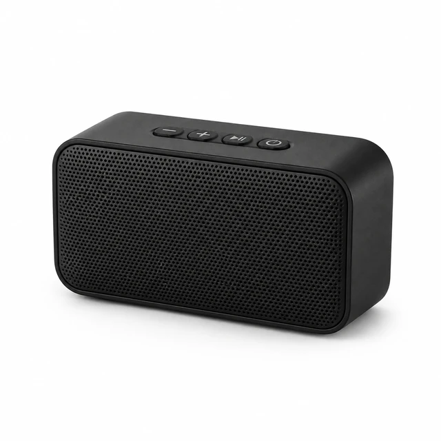 Compact rectangular black Bluetooth speaker with tactile buttons on white.