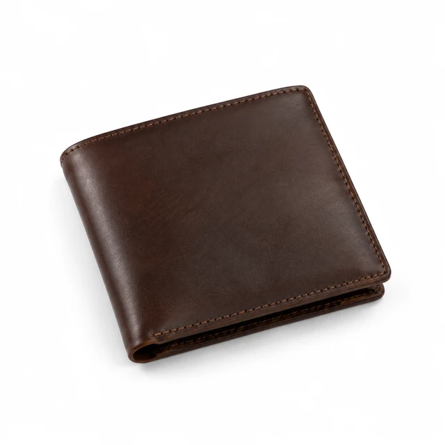 Dark brown leather bifold wallet shown at a slight angle on pure white.
