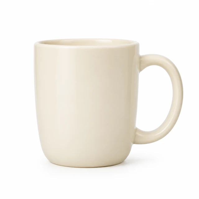 Plain cream ceramic mug with a broad handle on pure white.