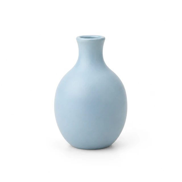 Pale blue matte ceramic bud vase with a simple rounded neck on white.