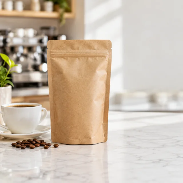 Coffee pouch on a counter with open space for a headline.