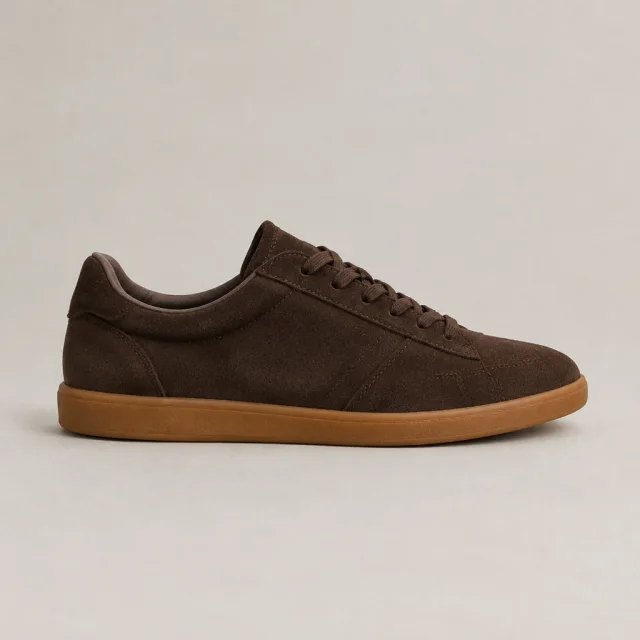 Brown suede trainer with a gum sole on a neutral studio surface.