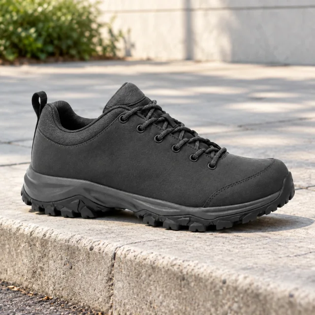Plain charcoal hiking shoe on a clean city sidewalk curb.