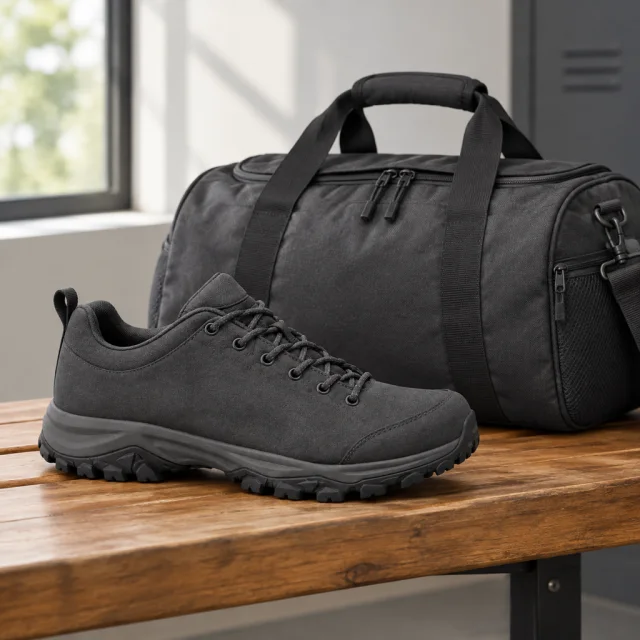 Plain charcoal hiking shoe beside a charcoal gym bag on a bench.
