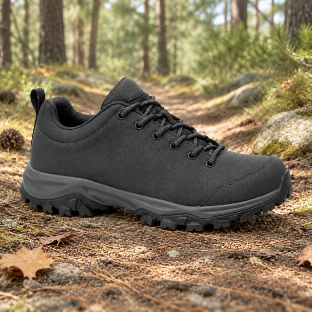 Plain charcoal hiking shoe on a quiet pine forest path.