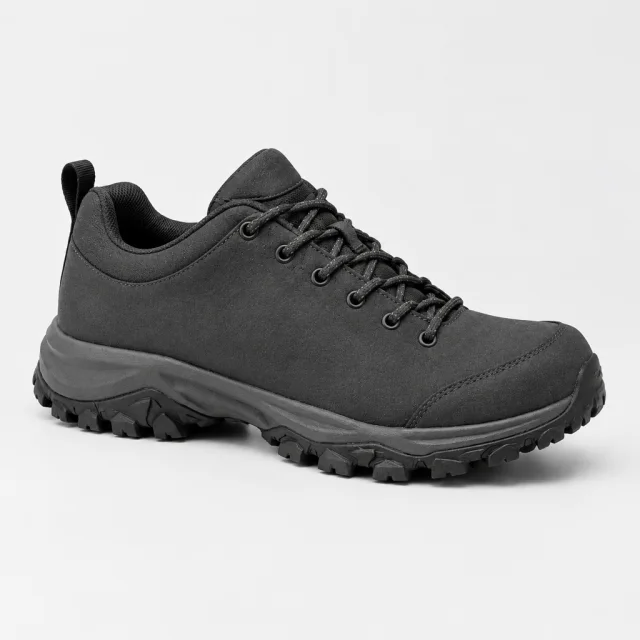 Plain charcoal hiking shoe at a low angle with its textured sole visible.