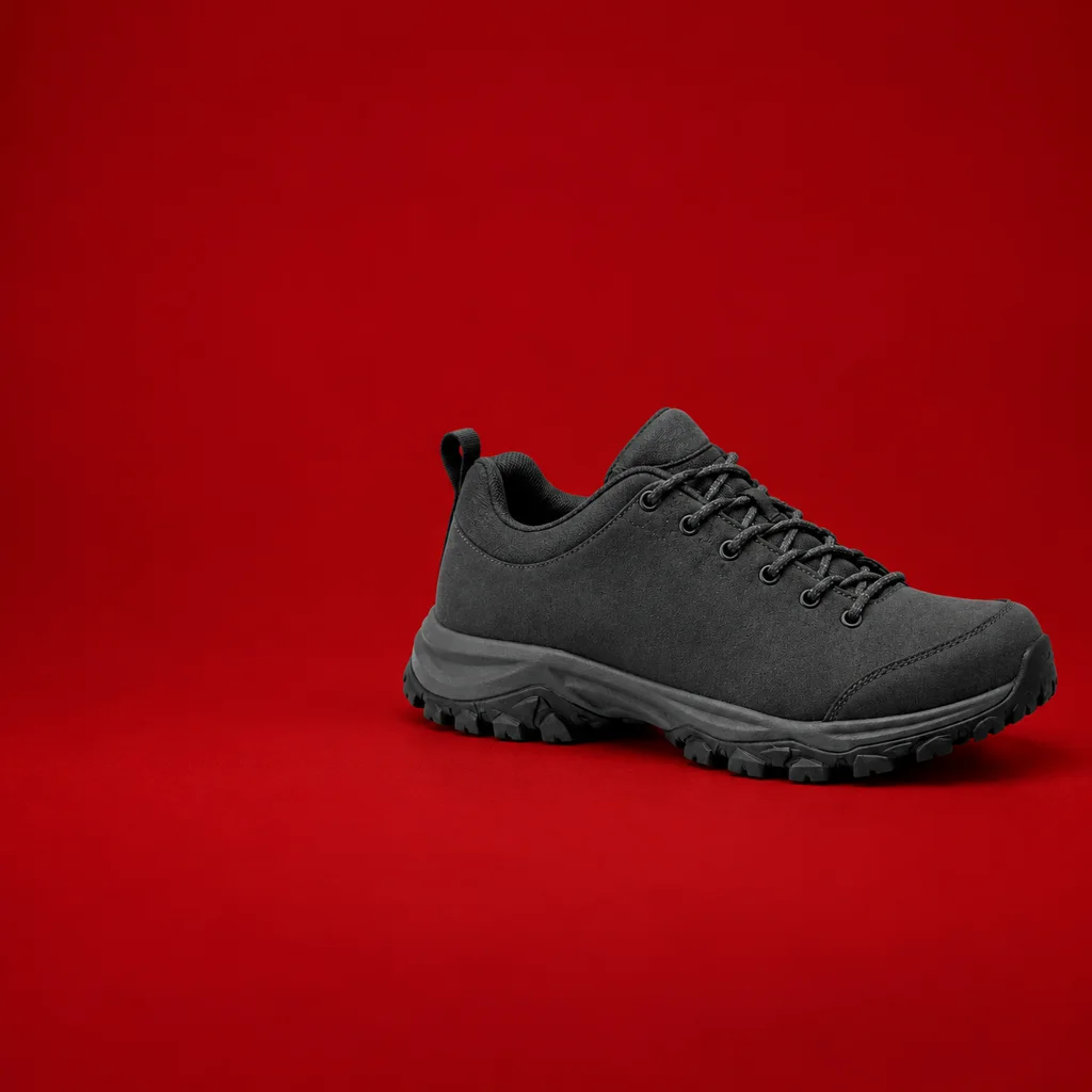 Plain charcoal hiking shoe on a red backdrop with clear open space.