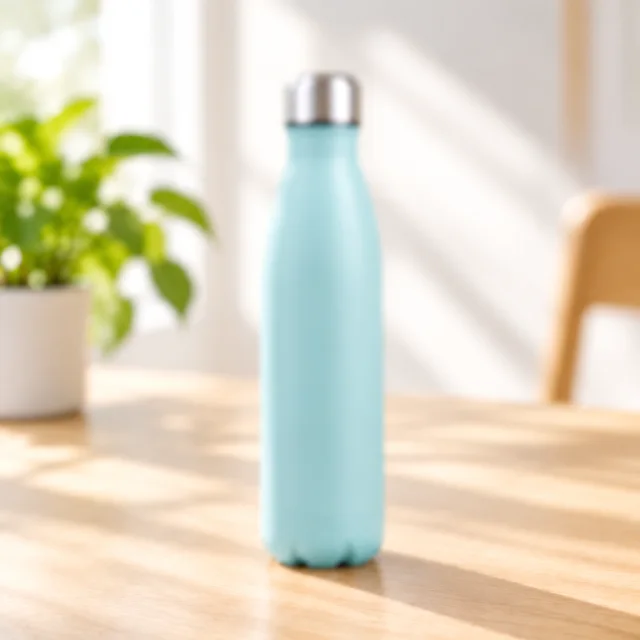 Green insulated bottle on a sunny desk with details softened by blur.