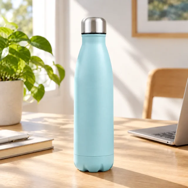 Green insulated bottle and cap in sharp focus on a sunny desk.
