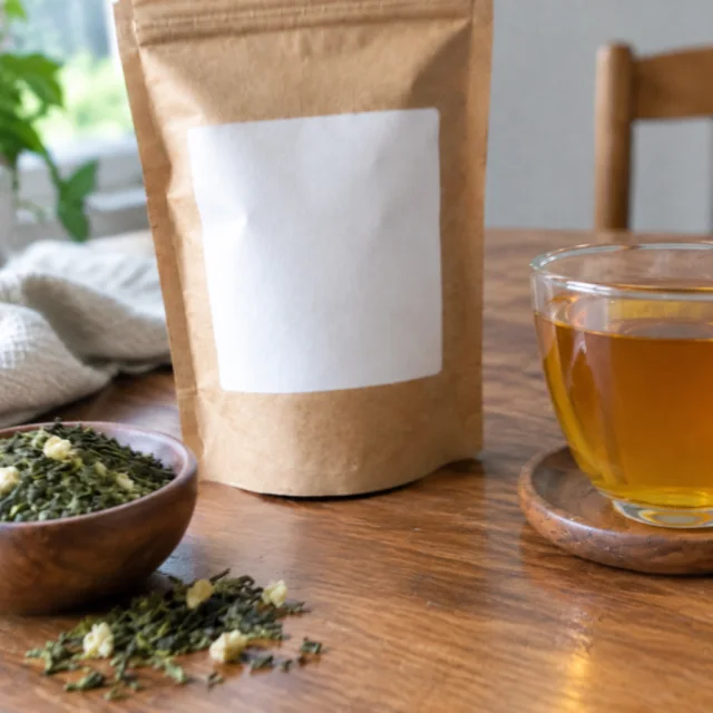 Tea pouch and cup near the frame edges, with part of the pouch top cut off.