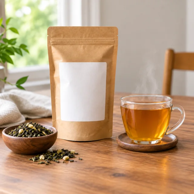 Tea pouch and cup fully visible on a bright counter.