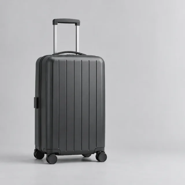 Hard-shell suitcase with open space to one side for an ad headline.