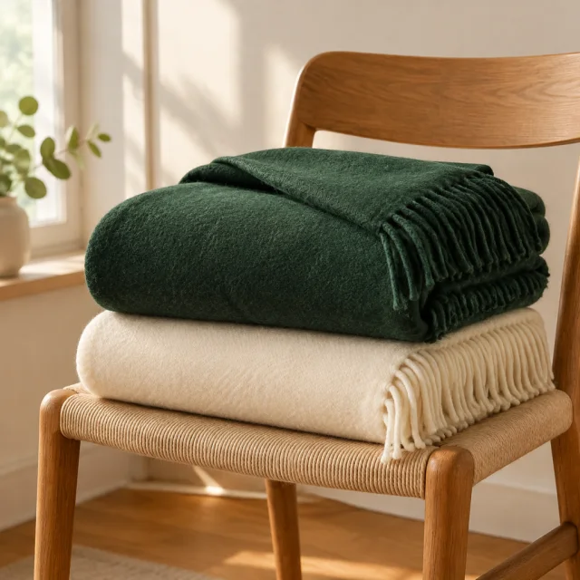 Folded wool blankets stacked on a chair in warm light.