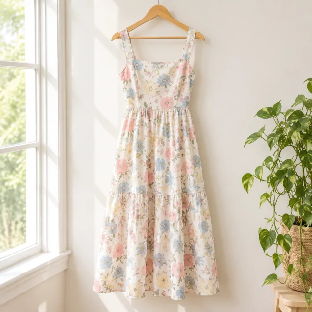 Floral dress hanging beside a bright window.