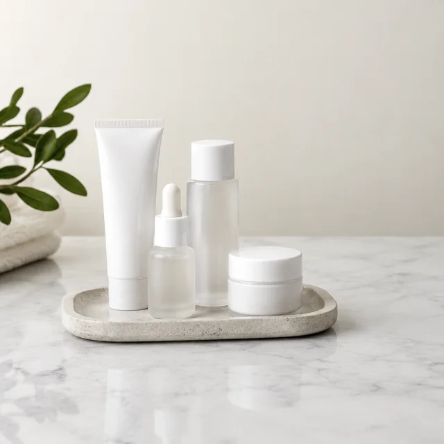 Small skincare bottles grouped on a simple tray.