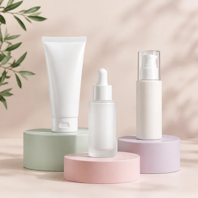 Plain skincare bottles arranged on pastel podiums with open headline space.