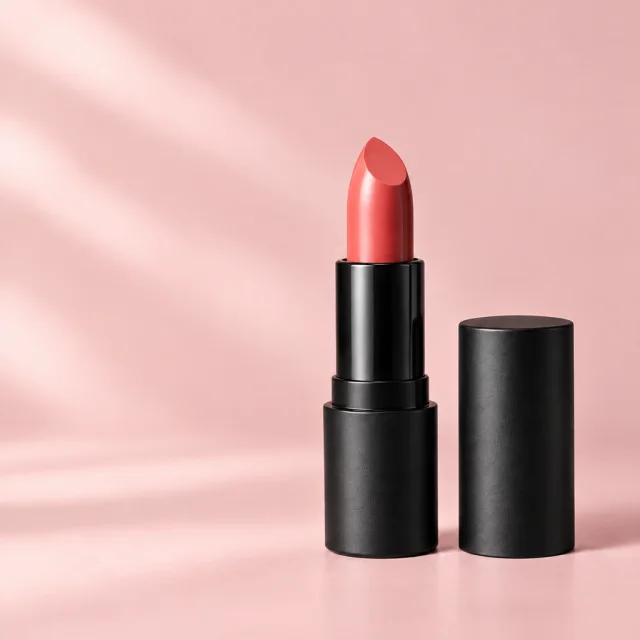 Coral lipstick on a soft pink backdrop with open space for a headline.