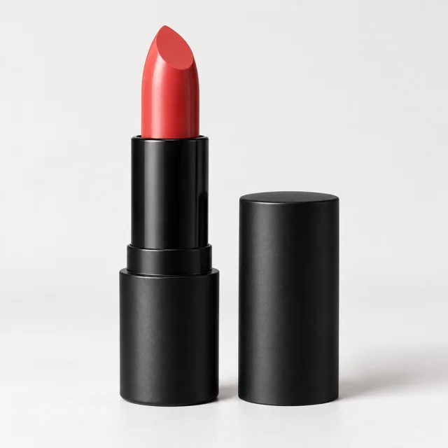 Coral lipstick in a matte black tube on a light studio background.