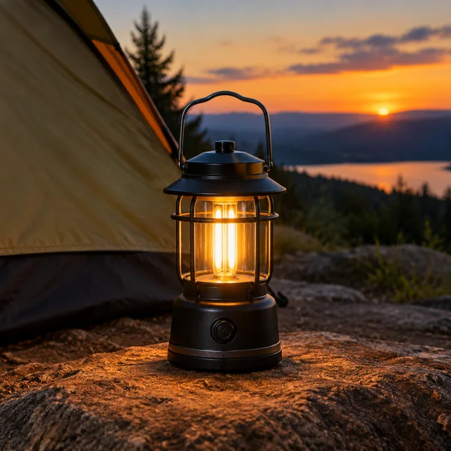 Small metal camping lantern glowing beside a tent at dusk.