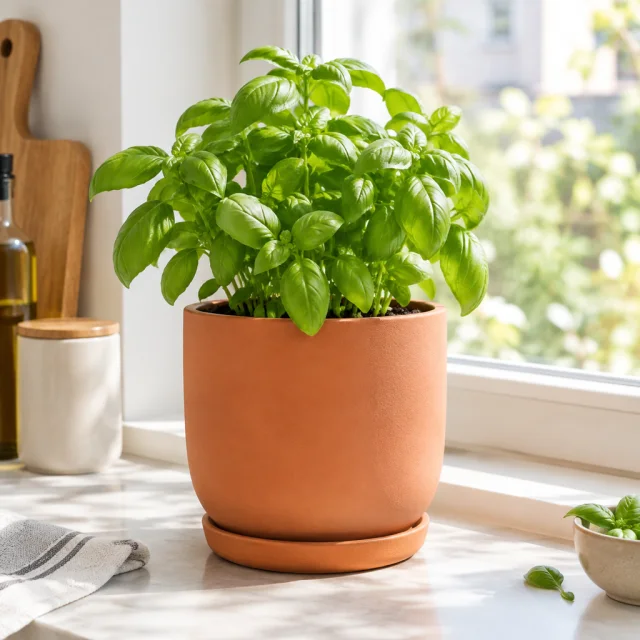Terracotta herb planter with fresh basil on a bright windowsill.