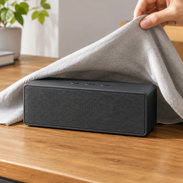 Hand lifts a cloth from a rectangular charcoal speaker on a wood table.