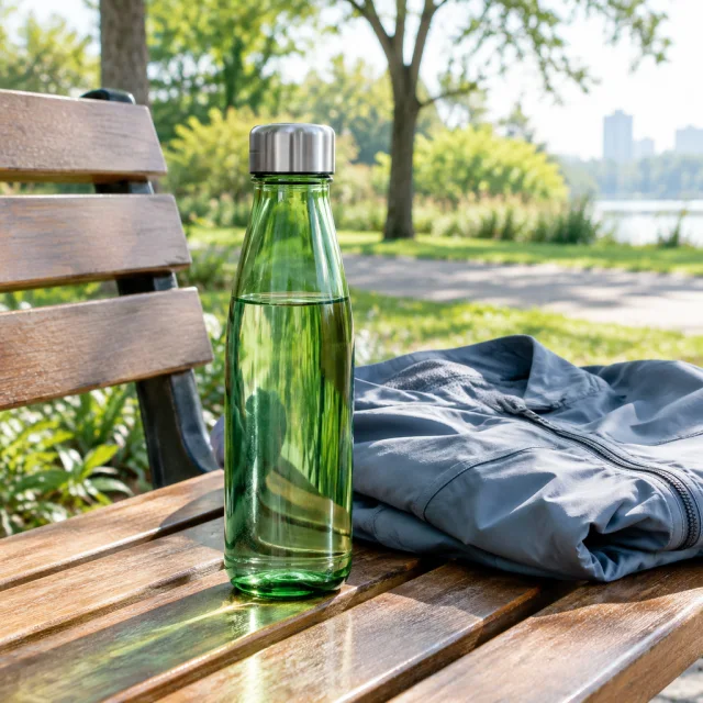 Green reusable bottle beside a laptop and blank notepad on a tidy desk.