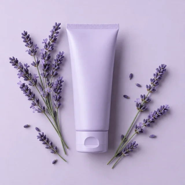 Blank hand cream tube with lavender sprigs on a soft purple surface.