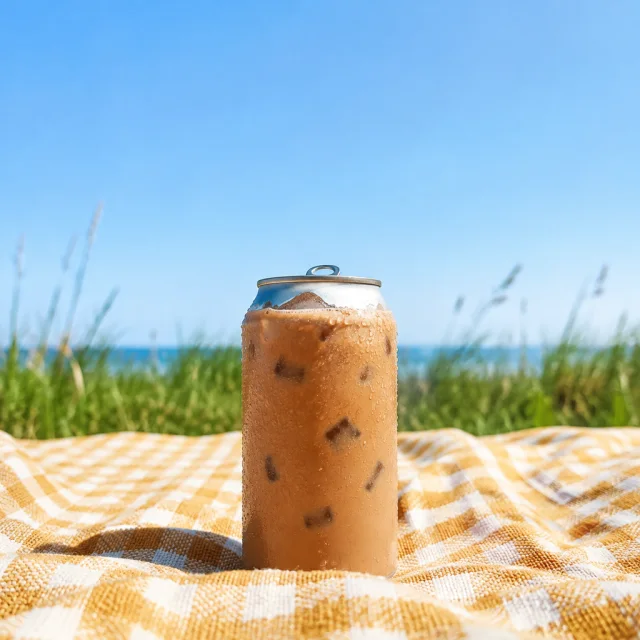 Iced coffee can on a picnic blanket with open space above.