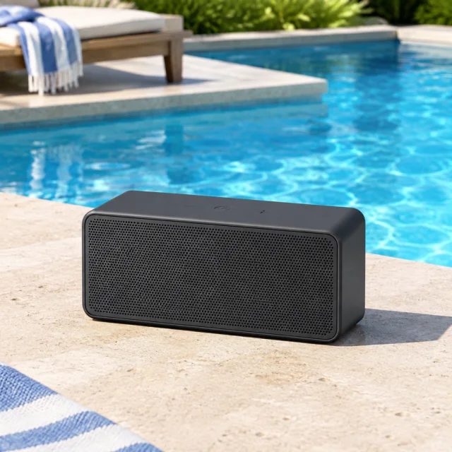 Compact rectangular wireless speaker on a sunny pool deck.