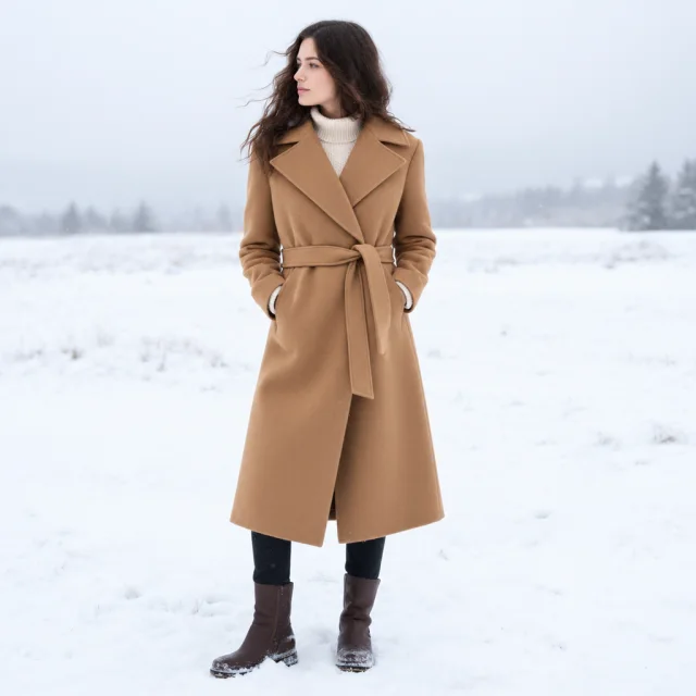 Camel coat in a snowy city scene with clear room for an offer.