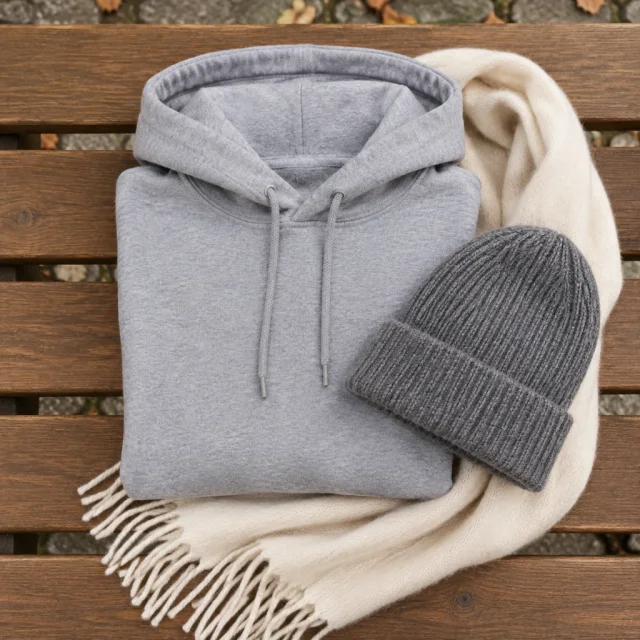 Folded gray hoodie with a beanie and scarf on a wooden bench.