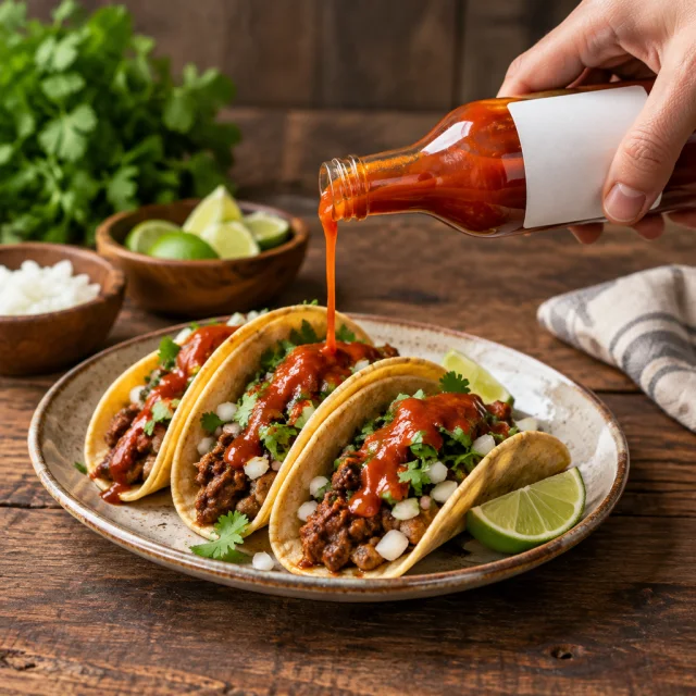 Hot sauce poured over tacos on a rustic table.