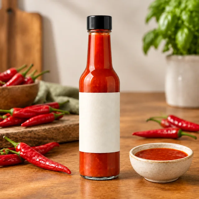Blank-label hot sauce bottle with red chilies and a sauce dish on a wood counter.