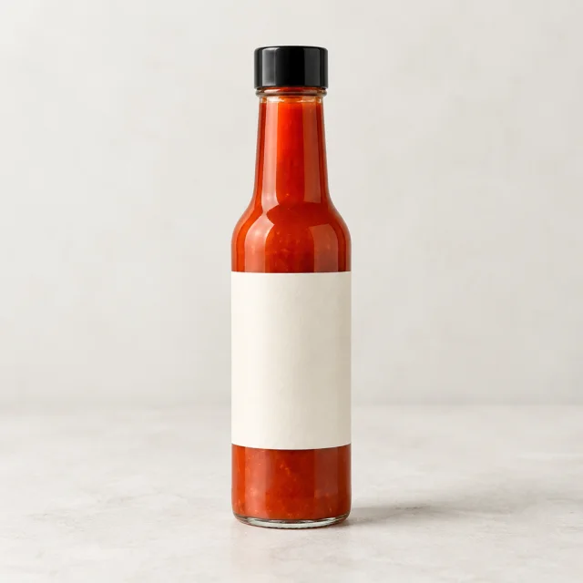 Blank-label hot sauce bottle on a light studio surface.