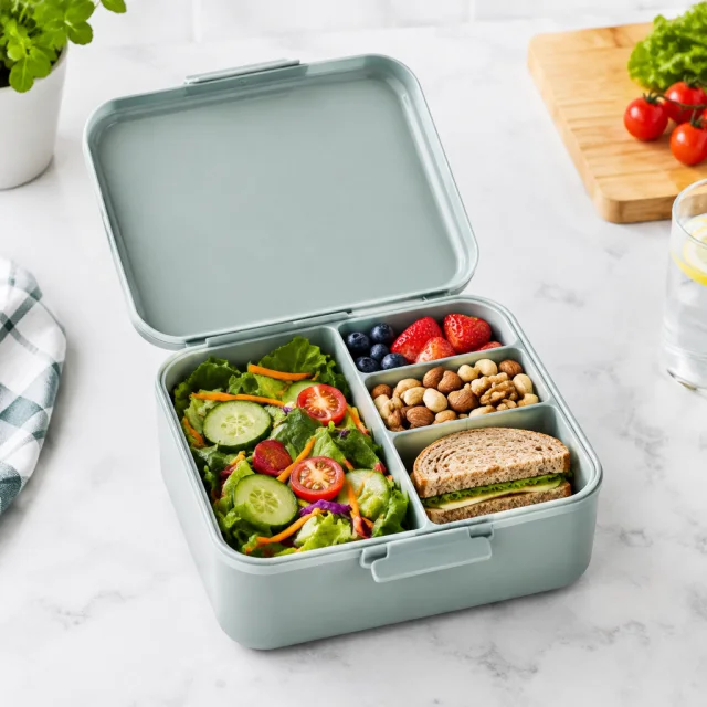 Sage insulated lunch container with its lid on a bright counter.