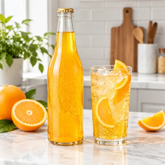 Golden sparkling citrus drink bottle beside orange slices on a bright counter.