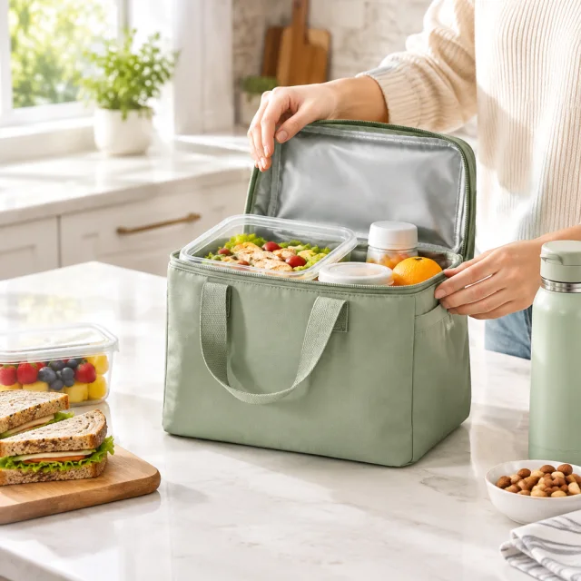 Sage insulated lunch bag packed with food on a kitchen counter.