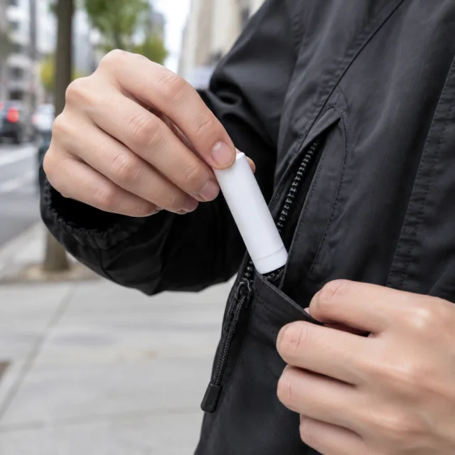 Plain lip balm beside a jacket pocket outdoors.