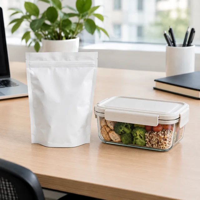 Blank snack pouch beside a lunch container on an office desk.