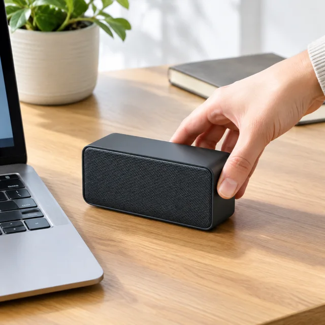 Compact rectangular speaker beside a laptop on a desk.