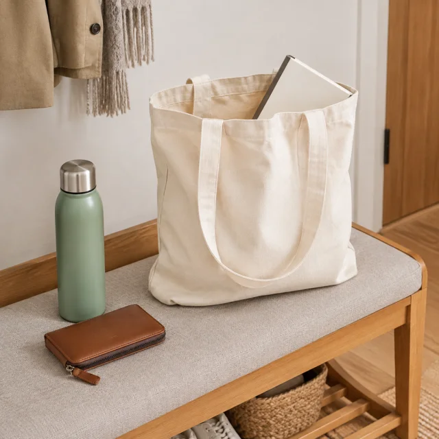 Canvas tote bag with a book, wallet and bottle on a hallway bench.