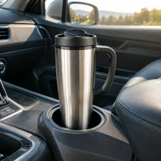 Travel mug beside a generic car cup holder on a quiet road stop.